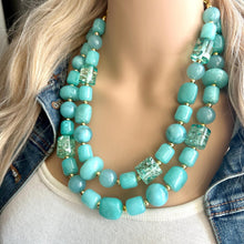 Load image into Gallery viewer, Aqua Blue Double Strand Statement Necklace, Chunky light blue Oval Beaded Bib Jewelry, blue jewelry, baby blue jewlery necklace