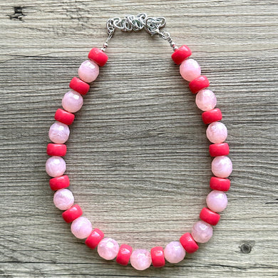 Hot Pink & Blush Pink Chunky Statement Necklace, Big beaded jewelry, single strand Statement Necklace, chunky pink bib jewelry