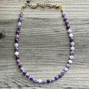 Purple Quartz Gemstone Single Strand Beaded Statement Necklace, cream beaded necklace, bridesmaid jewelry layering clear glass 1