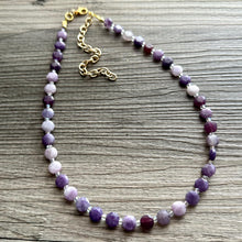 Load image into Gallery viewer, Purple Quartz Gemstone Single Strand Beaded Statement Necklace, cream beaded necklace, bridesmaid jewelry layering clear glass 1