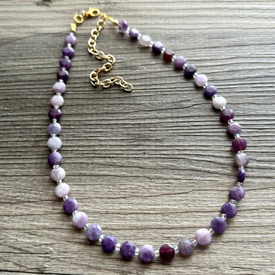 Purple Quartz Gemstone Single Strand Beaded Statement Necklace, cream beaded necklace, bridesmaid jewelry layering clear glass 1