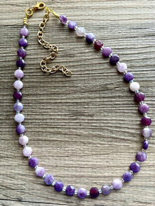 Purple Quartz Gemstone Single Strand Beaded Statement Necklace, cream beaded necklace, bridesmaid jewelry layering clear glass 1