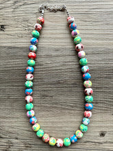 Load image into Gallery viewer, Clay Handmade Beaded Statement Long Necklace, bright colors rainbow Necklace, 1 Strand Statement geometric ball bubble gum bead red green