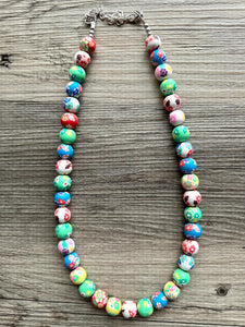 Clay Handmade Beaded Statement Long Necklace, bright colors rainbow Necklace, 1 Strand Statement geometric ball bubble gum bead red green