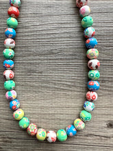 Load image into Gallery viewer, Clay Handmade Beaded Statement Long Necklace, bright colors rainbow Necklace, 1 Strand Statement geometric ball bubble gum bead red green