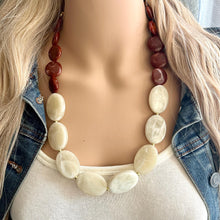 Load image into Gallery viewer, Bourbon Brown &amp; Gold Cream Long Necklace, dark brown bead necklace, single strand bib necklace, resin statement layering jewelry chocolate