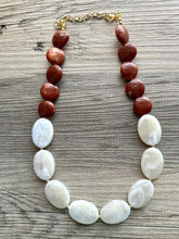 Load image into Gallery viewer, Bourbon Brown &amp; Gold Cream Long Necklace, dark brown bead necklace, single strand bib necklace, resin statement layering jewelry chocolate