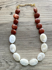 Bourbon Brown & Gold Cream Long Necklace, dark brown bead necklace, single strand bib necklace, resin statement layering jewelry chocolate