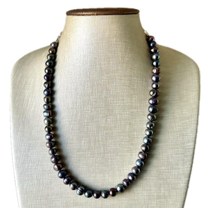 Natural Cultured Freshwater Pearl Beaded Rainbow Chunky Statement Necklace, black purple blue single strand, black necklace, bubble jewelry