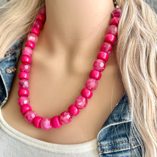 Load image into Gallery viewer, Hot Pink Chunky Statement Necklace, Big beaded jewelry, single strand Statement Necklace, chunky pink bib magenta lipstick resin