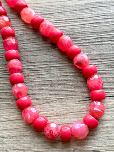 Hot Pink Chunky Statement Necklace, Big beaded jewelry, single strand Statement Necklace, chunky pink bib magenta lipstick resin