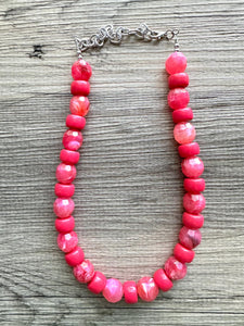 Hot Pink Chunky Statement Necklace, Big beaded jewelry, single strand Statement Necklace, chunky pink bib magenta lipstick resin