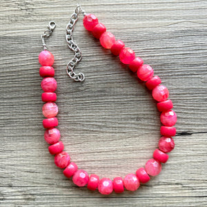 Hot Pink Chunky Statement Necklace, Big beaded jewelry, single strand Statement Necklace, chunky pink bib magenta lipstick resin