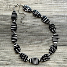 Load image into Gallery viewer, Black &amp; White Chunky Statement Necklace single Strand Beaded jewelry, bridesmaid bib wedding, white bubble necklace resin