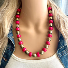 Load image into Gallery viewer, Pink &amp; Gold Chunky Statement Necklace, Pink geometric beaded jewelry, single Strand Bib Necklace, lipstick pink hot pink magenta gold