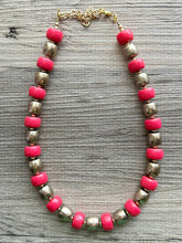 Load image into Gallery viewer, Pink &amp; Gold Chunky Statement Necklace, Pink geometric beaded jewelry, single Strand Bib Necklace, lipstick pink hot pink magenta gold