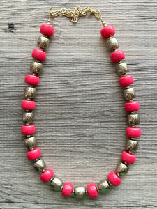 Pink & Gold Chunky Statement Necklace, Pink geometric beaded jewelry, single Strand Bib Necklace, lipstick pink hot pink magenta gold