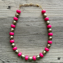 Load image into Gallery viewer, Pink &amp; Gold Chunky Statement Necklace, Pink geometric beaded jewelry, single Strand Bib Necklace, lipstick pink hot pink magenta gold