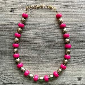 Pink & Gold Chunky Statement Necklace, Pink geometric beaded jewelry, single Strand Bib Necklace, lipstick pink hot pink magenta gold