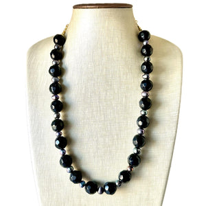 Long Black Pearl & Glass Beaded Statement Necklace, Chunky 1 Strand Jewelry, layering long bib beaded thick collar bead round bubblegum