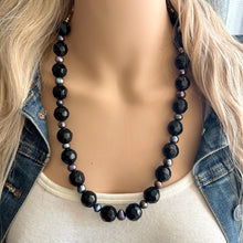 Load image into Gallery viewer, Long Black Pearl &amp; Glass Beaded Statement Necklace, Chunky 1 Strand Jewelry, layering long bib beaded thick collar bead round bubblegum