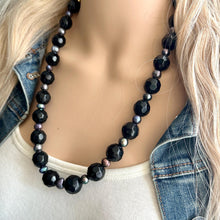 Load image into Gallery viewer, Long Black Pearl &amp; Glass Beaded Statement Necklace, Chunky 1 Strand Jewelry, layering long bib beaded thick collar bead round bubblegum