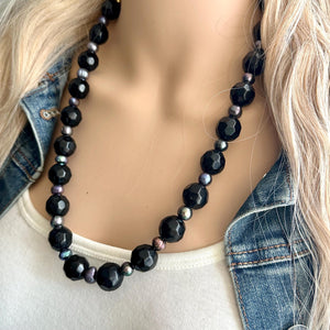 Long Black Pearl & Glass Beaded Statement Necklace, Chunky 1 Strand Jewelry, layering long bib beaded thick collar bead round bubblegum