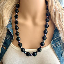 Load image into Gallery viewer, Long Black Pearl &amp; Glass Beaded Statement Necklace, Chunky 1 Strand Jewelry, layering long bib beaded thick collar bead round bubblegum