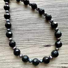 Load image into Gallery viewer, Long Black Pearl &amp; Glass Beaded Statement Necklace, Chunky 1 Strand Jewelry, layering long bib beaded thick collar bead round bubblegum