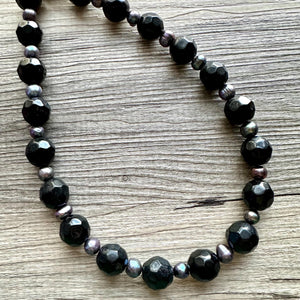 Long Black Pearl & Glass Beaded Statement Necklace, Chunky 1 Strand Jewelry, layering long bib beaded thick collar bead round bubblegum