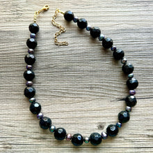 Load image into Gallery viewer, Long Black Pearl &amp; Glass Beaded Statement Necklace, Chunky 1 Strand Jewelry, layering long bib beaded thick collar bead round bubblegum