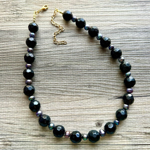 Long Black Pearl & Glass Beaded Statement Necklace, Chunky 1 Strand Jewelry, layering long bib beaded thick collar bead round bubblegum