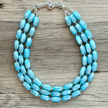 Load image into Gallery viewer, Glacier Blue 3 strand chunky jewelry, beaded blue jewelry, light blue thick necklace, Caribbean aqua necklace, turquoise bib earring set