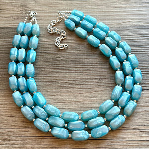 Glacier Blue 3 strand chunky jewelry, beaded blue jewelry, light blue thick necklace, Caribbean aqua necklace, turquoise bib earring set