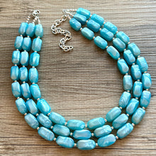 Load image into Gallery viewer, Glacier Blue 3 strand chunky jewelry, beaded blue jewelry, light blue thick necklace, Caribbean aqua necklace, turquoise bib earring set