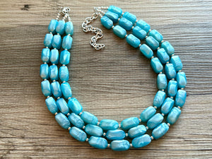 Glacier Blue 3 strand chunky jewelry, beaded blue jewelry, light blue thick necklace, Caribbean aqua necklace, turquoise bib earring set