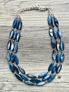 Chunky Multi Strand Blue Shell Statement Necklace, deep blue oval beaded jewelry, shell necklace, blue jewelry necklace dark blue