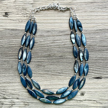 Load image into Gallery viewer, Chunky Multi Strand Blue Shell Statement Necklace, deep blue oval beaded jewelry, shell necklace, blue jewelry necklace dark blue