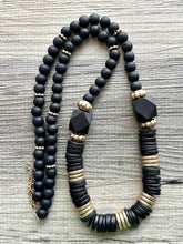 Load image into Gallery viewer, Vintage Long Earthy Geometric Necklace, single Strand Statement Jewelry, everyday black gold layering beaded Heishi necklace