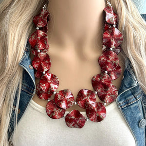 Red Geometric Beaded statement necklace, chunky bead red jewelry, thick necklace jewelry, deep red tomato cherry 2 strand