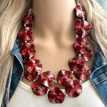 Load image into Gallery viewer, Red Geometric Beaded statement necklace, chunky bead red jewelry, thick necklace jewelry, deep red tomato cherry 2 strand