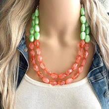 Load image into Gallery viewer, Watermelon Seascape Necklace, coral &amp; Green Chunky Statement Necklace, green pink beaded necklace jewelry, multi color strand bib chunky