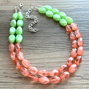 Watermelon Seascape Necklace, coral & Green Chunky Statement Necklace, green pink beaded necklace jewelry, multi color strand bib chunky