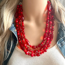 Load image into Gallery viewer, Red BeJeweled Statement Necklace, Chunky 3 Strand Jewelry, silver red necklace, red bib beaded necklace thick collar bead metal crackle