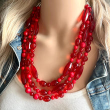 Load image into Gallery viewer, Red BeJeweled Statement Necklace, Chunky 3 Strand Jewelry, silver red necklace, red bib beaded necklace thick collar bead metal crackle