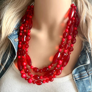 Red BeJeweled Statement Necklace, Chunky 3 Strand Jewelry, silver red necklace, red bib beaded necklace thick collar bead metal crackle