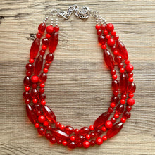 Load image into Gallery viewer, Red BeJeweled Statement Necklace, Chunky 3 Strand Jewelry, silver red necklace, red bib beaded necklace thick collar bead metal crackle