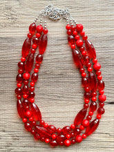 Load image into Gallery viewer, Red BeJeweled Statement Necklace, Chunky 3 Strand Jewelry, silver red necklace, red bib beaded necklace thick collar bead metal crackle