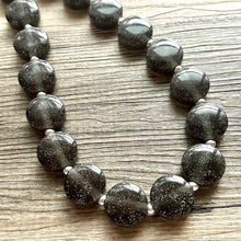 Load image into Gallery viewer, Glitter Infused Deep Gray Single Strand gunmetal Statement Necklace, bib chunky necklace layering necklace, gifts for women silver geometric