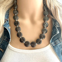 Load image into Gallery viewer, Glitter Infused Deep Gray Single Strand gunmetal Statement Necklace, bib chunky necklace layering necklace, gifts for women silver geometric